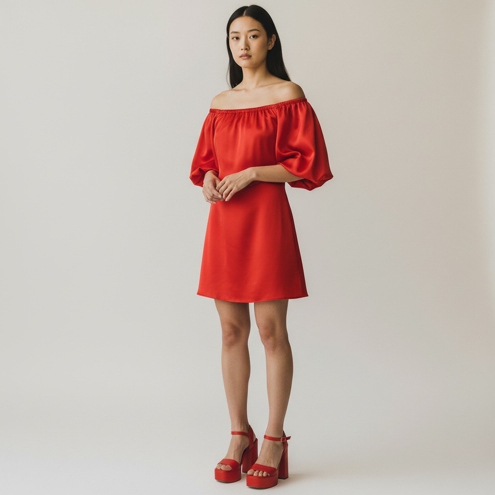 San Joy Vibrant Red Satin Poof Sleeve baby doll Mini party dress softgirl dress